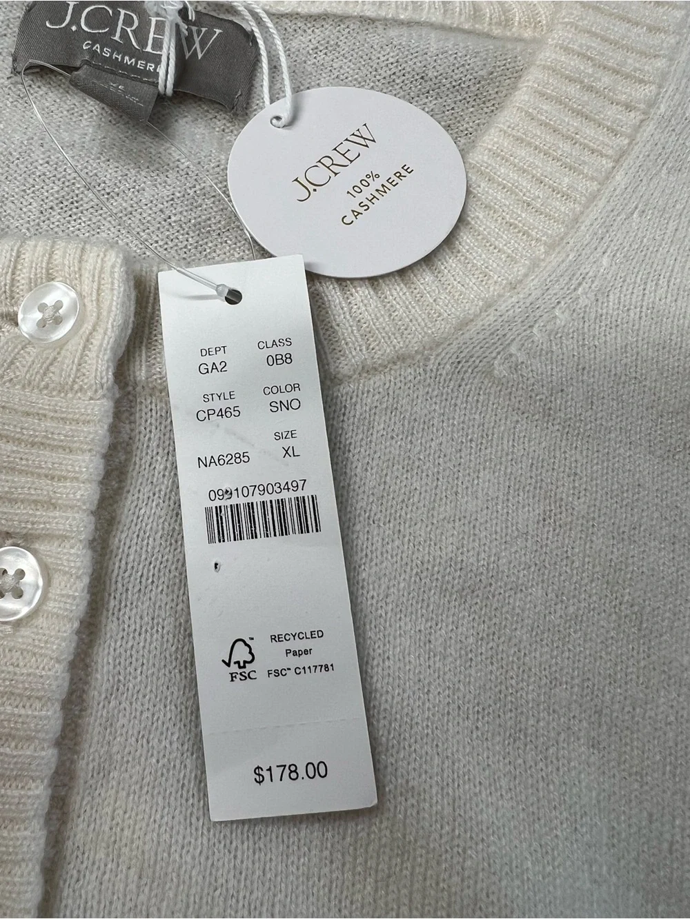 J. Crew Perfect Cashmere Cardigan in Snow Cream White Size XL NWT